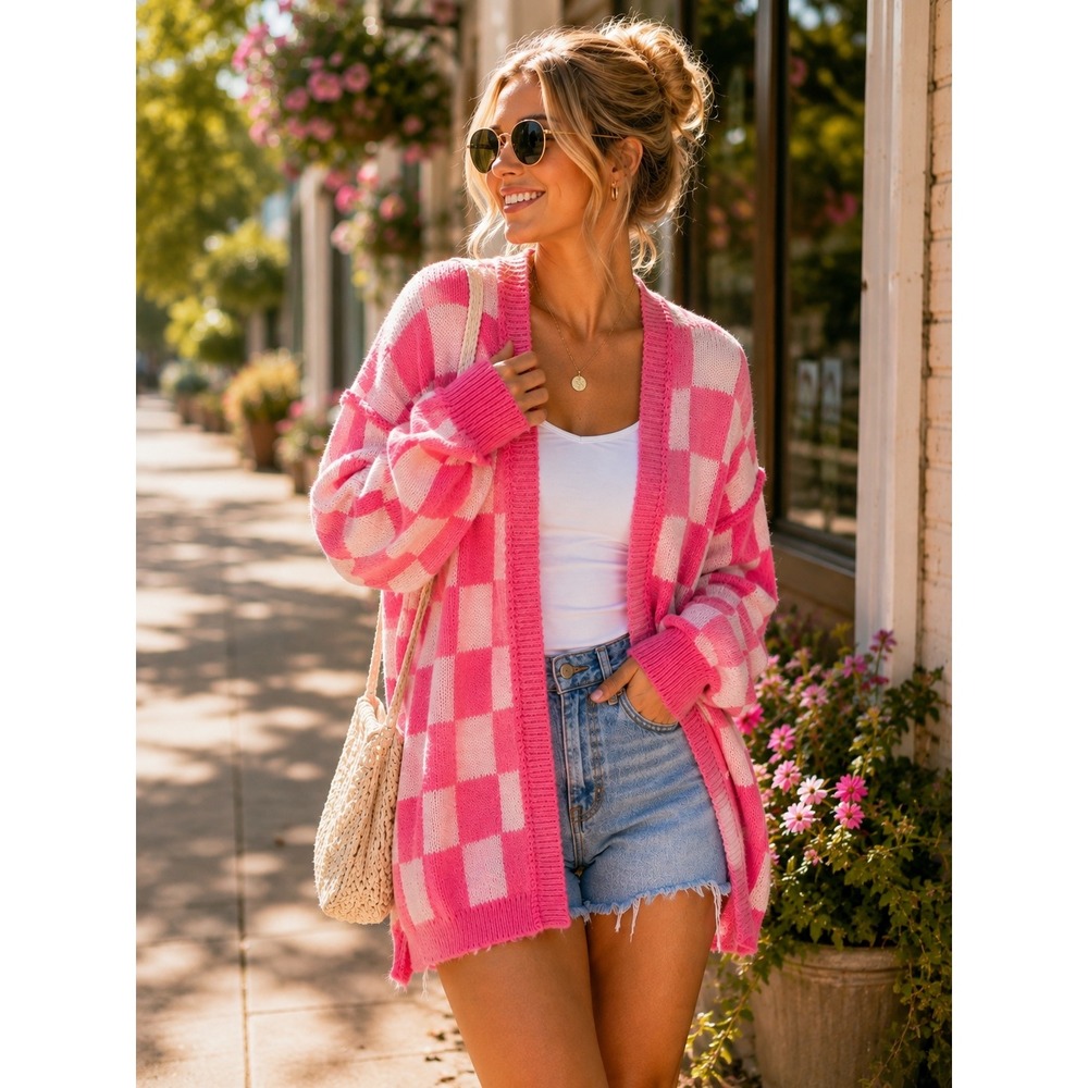 Pink Checkerboard Cardigan Women M Oversized Chunky Knit Y2K Preppy Sweater
